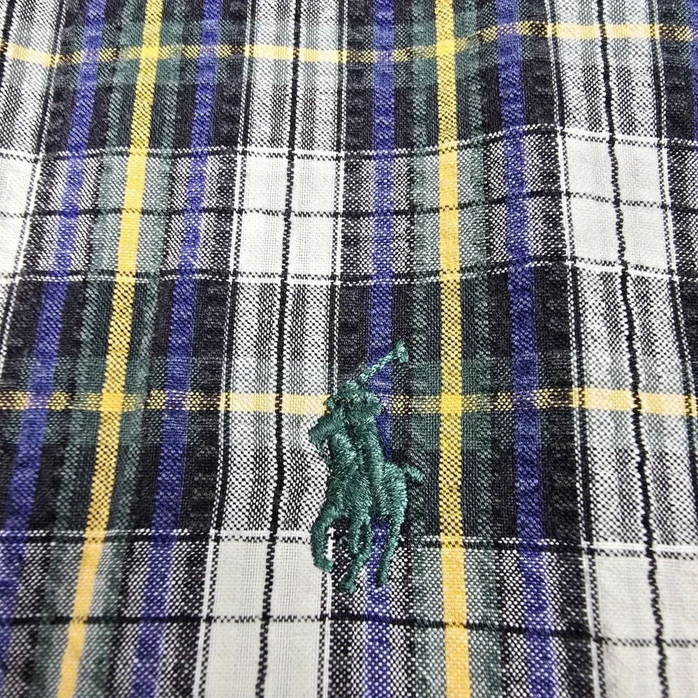 VTG POLO RALPH LAUREN Men L Plaid SEERSUCKER Button-Up‎ Shirt GREEN PONY Golf